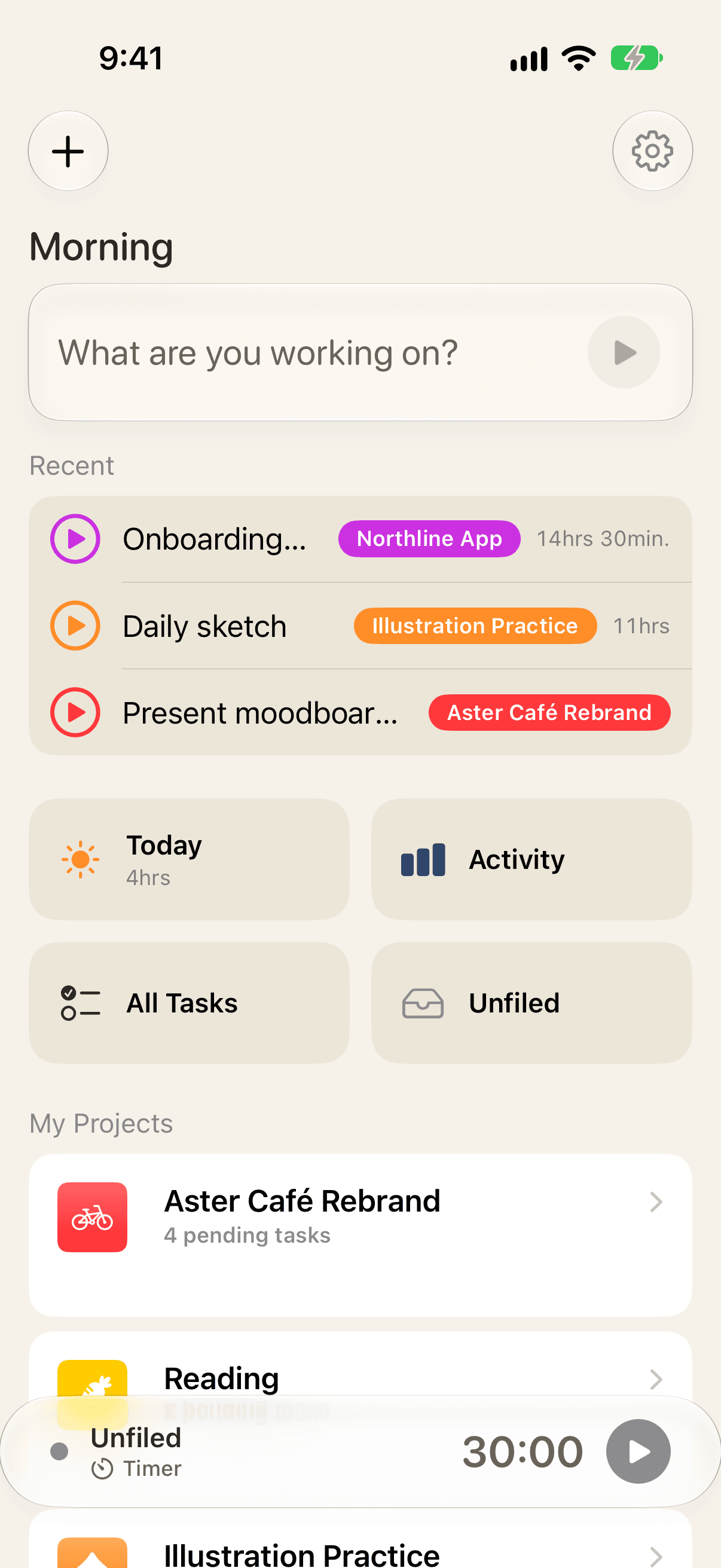 WabiTime’s home page on iPhone: the “What are you working on?” field at the top, recent tasks beneath it, then Today, Activity and the project list