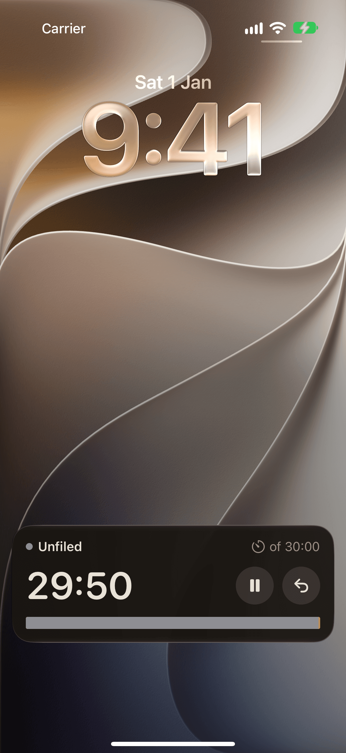 An iPhone lock screen with a WabiTime countdown running as a Live Activity