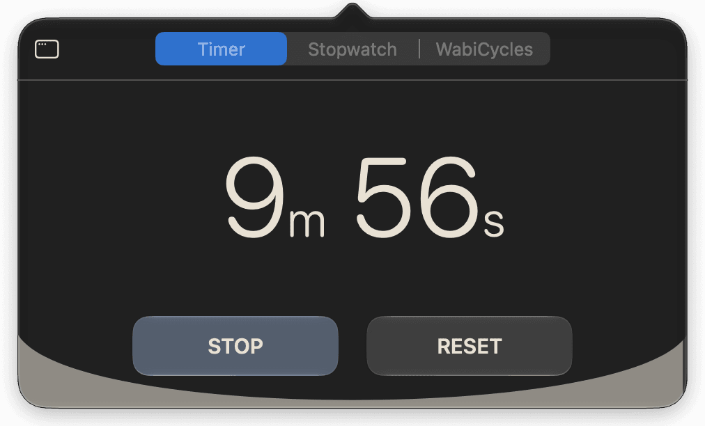 WabiTime’s popover open beneath the menu bar: the Timer tab with a countdown at 9 minutes 56 seconds, and Stop and Reset buttons